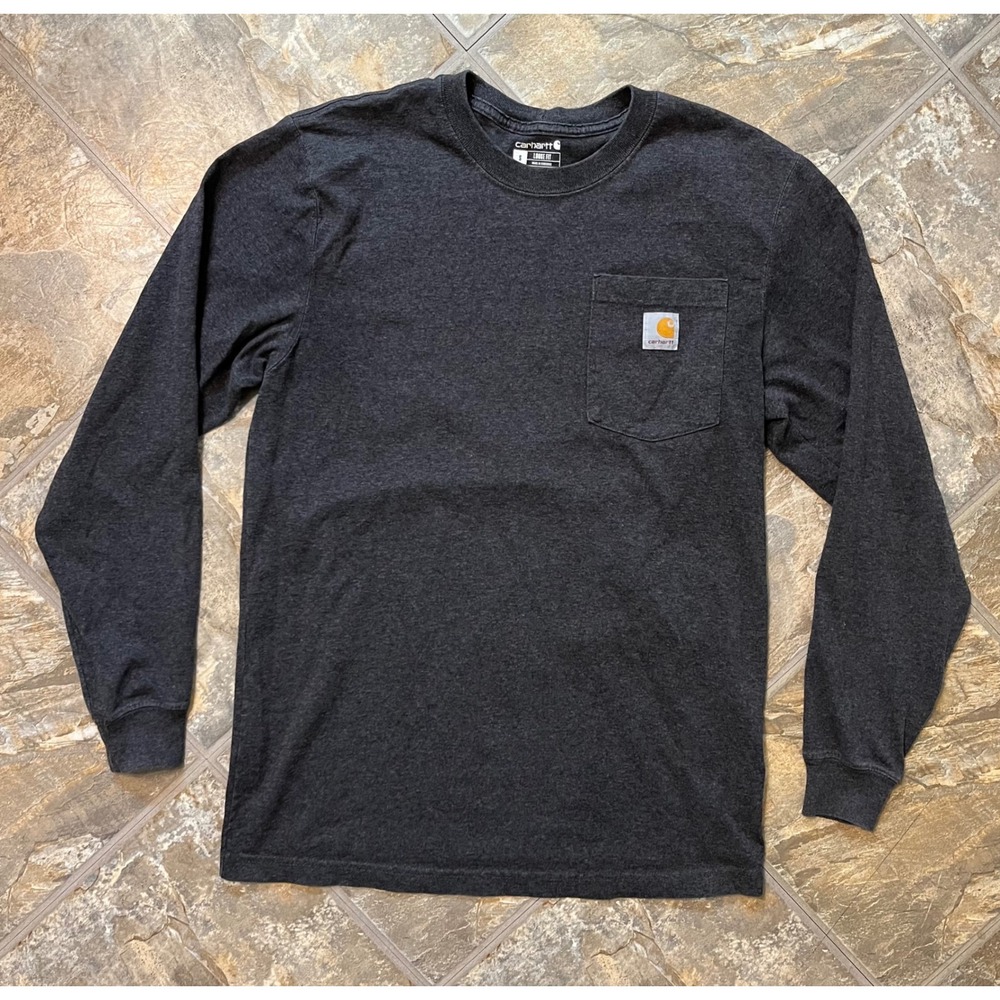 Carhartt Pocket T-Shirt Mens Small Charcoal Gray Loose Fit Long Sleeve